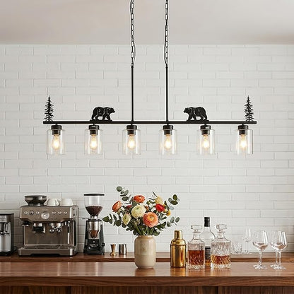 Dining Room Light Fixture/Chandelier Over Table,6-Light Kitchen Island Lighting Hanging for Farmhouse Linear Chandeliers Black Rustic Ceiling Pendant Light Fixtures with Clear Glass Shade