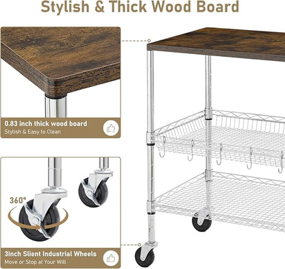 Rolling Kitchen Carts on Wheels With Storage,650Lbs Heavy Duty Metal Cart with Wheels,3 Tier Rolling Cart with Wooden Top,NSF Utility Cart with Handle for Food Cart Serving Carts,30.3"L*31.9"H*18.1"W