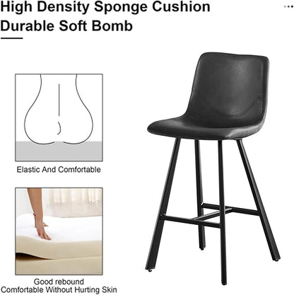 26" Counter Height Bar Stools Set of 2,Faux Leather Barstools with Ergonomic Backrest & Footrest, Sturdy Black Metal Frame PU Bar Chairs for Kitchen Island, Home Bar, Restaurant (Black)