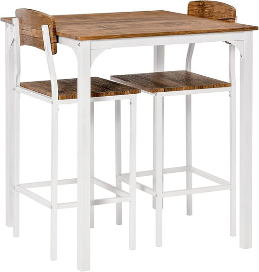 3 Piece Bar Table Set with Steel Legs & Footrests White Industrial Counter Height Dining Table for Small Spaces Kitchen Home Decor,White