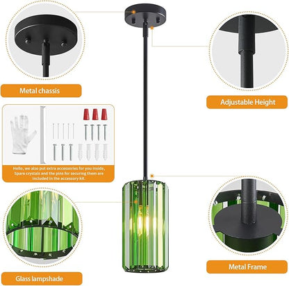 Modern Crystal Pendant Light Mini Dark Green Chandeliers Adjustable Pendant Lights Fixture for Kitchen Island Dinning Room Corridor Bedroom(Dark Green 2-Pack)
