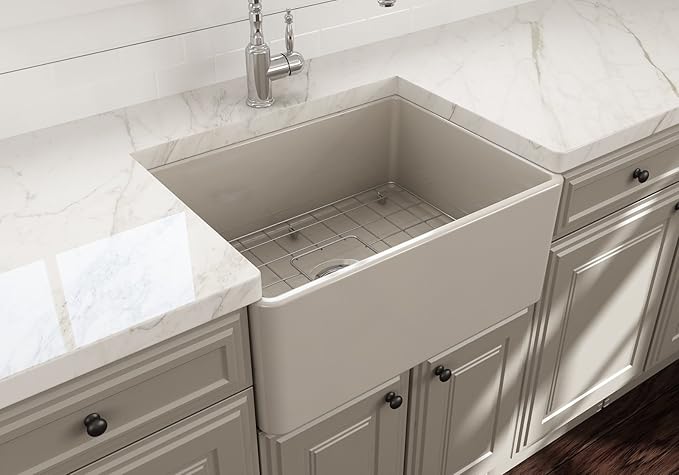 BOCCHI Classico Farmhouse Apron Front Fireclay 24 in. Single Bowl Kitchen Sink with Protective Bottom Grid and Strainer in Biscuit