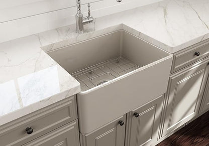 BOCCHI Classico Farmhouse Apron Front Fireclay 24 in. Single Bowl Kitchen Sink with Protective Bottom Grid and Strainer in Biscuit