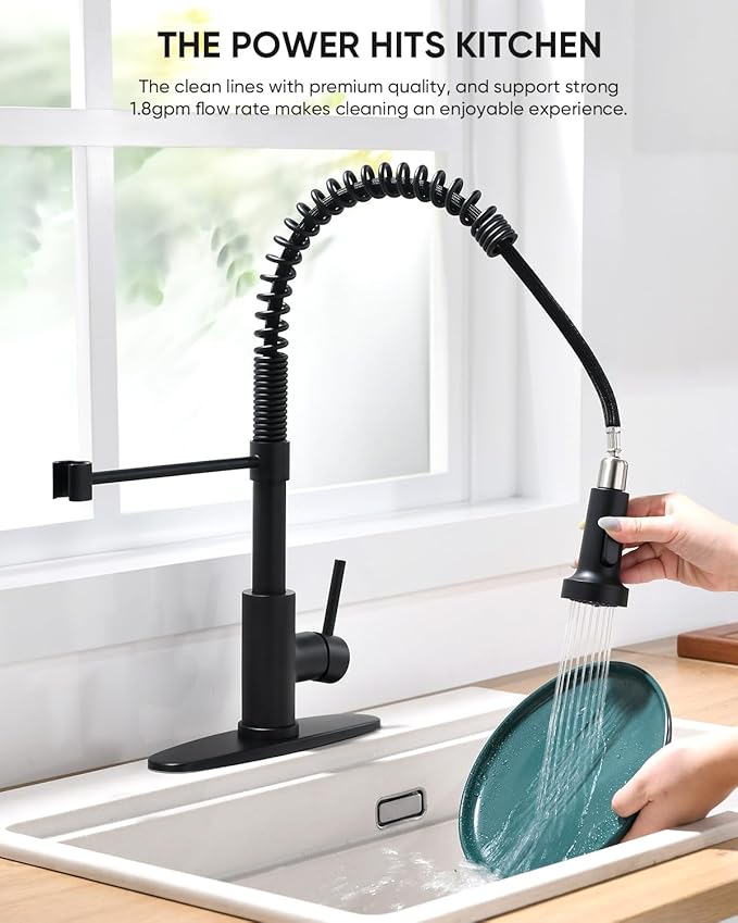 OWOFAN Black Kitchen Faucet with Pull Down Sprayer Stainless Steel Commercial Single Handle Classic Spring Pull Out Kitchen Sink Faucet for Pot Filler Farmhouse Camper Bar Laundry Room 866080R