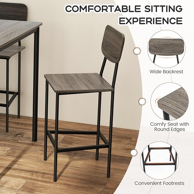 KOTEK 5-Piece Counter Height Dining Table Set, Industrial Kitchen Table and Chairs for 4, Space-Saving Dinette Set with Bar Stools for Dining Room, Pub, Restaurant (Grey Oak)