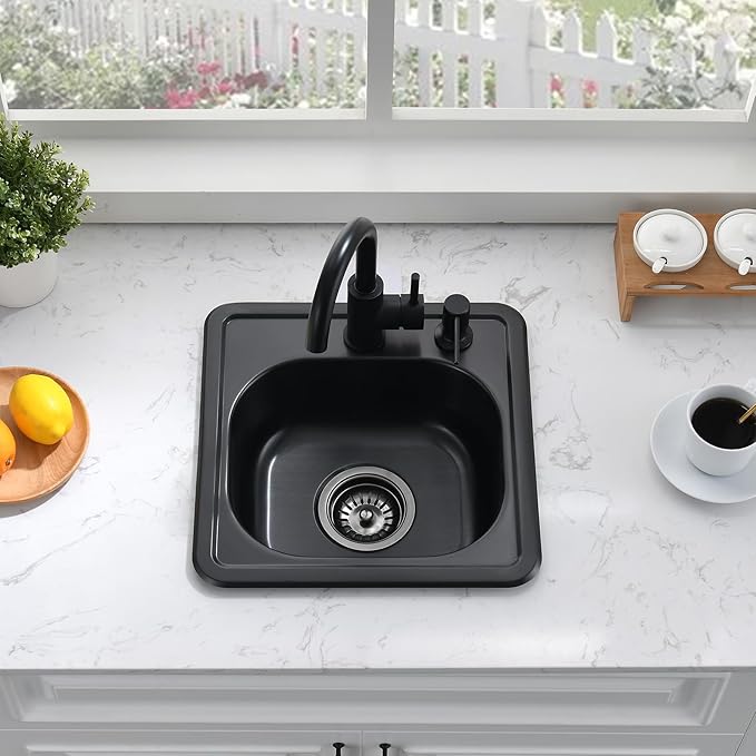 15 Inch Black Drop In Bar Sink-Bokaiya 15x15 Small Wet Bar Prep Sink Outdoor Rv 18 Gauge Stainless Steel Single Bowl Kitchen Sinks with Dish Grid