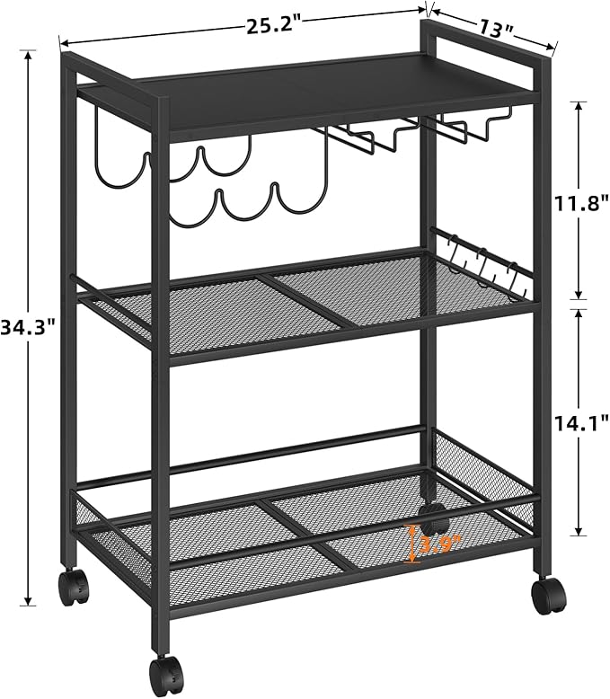 Joaxswe Bar Cart, Home Bar Serving Cart with 3-Tier Shelf,Microwave Cart with Lockable Wheels,Mobile Kitchen Shelf,Rolling Beverage Cart with Wine Rack and Glass Holder for Kitchen,Dinning Room,Black