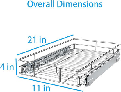 Pulloutor Pull Out Cabinet Organizer - 11" W x 21" D, Slide Out Kitchen Cabinet Storage Shelf and Drawer Organizer, For Home, Pantry, Bathroom, Chrome Finish