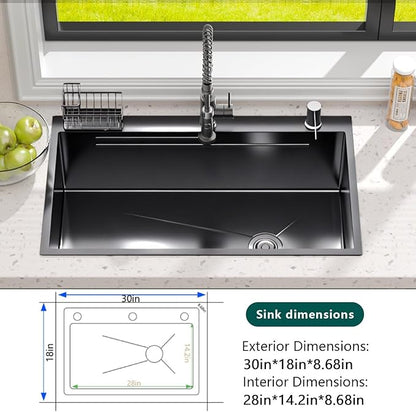 Stainless Steel Kitchen Sink with Faucet: 30-Inch Drop In Single Bowl Farmhouse Workstation Sink - Noise Reducing Design & Accessories Included (Black, 3018)