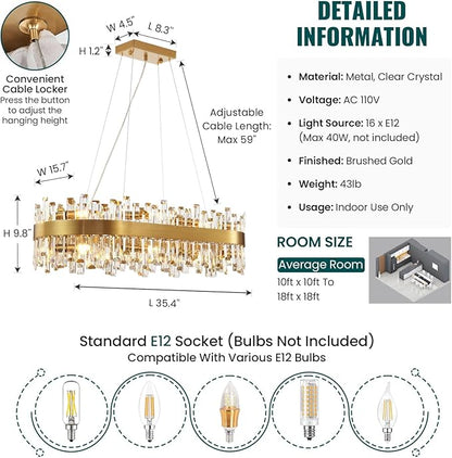 Siljoy Modern Crystal Chandelier 16-Light Luxury Gold Rectangle K9 Crystal Raindrop Chandelier Dimmable Oval Crystal Ceiling Light for Dining Room Living Room Foyer Entryway L35.4''