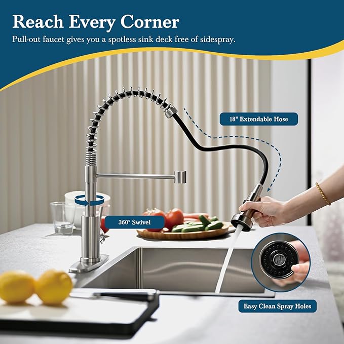 Ibergrif Kitchen Faucets with Pull Down Sprayer, Single Handle Pull Out Spring Sink Faucets High Arc Brushed Nickel Stainless Steel 1 or 3 Hole for RV Laundry Farmhouse Bar