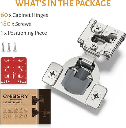 Chibery 60 Pack 1/2" Overlay 3D Soft Close Concealed Hinge for Face Frame Door, Self Closing Hinges, 105° Smooth Slow Close Quite, Hidden Stainless Steel Hinge for Kitchen Cabinet Door, Satin Nickel