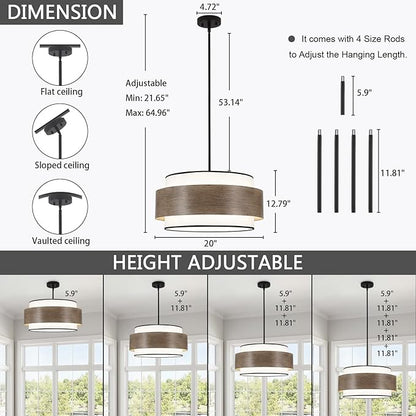 Luupyia 20 Inches Drum Chandelier with Metal and Fabric Shade, 5Lights Farmhouse Drum Pendant Light Large Rustic Chandelier, Height Adjustable Pendant Lighting for Ktichen Island Dining Room E26