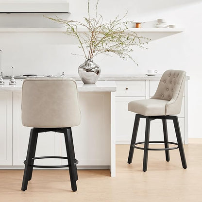 KISLOT Swivel Counter Height Bar Stools Set of 2, 26" Upholstered Faux Leather Barstools with Back,Thick Seat and Square Solid Wood Legs for Kitchen Island Home Bar, Beige