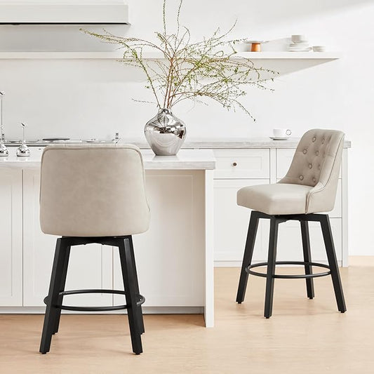KISLOT Swivel Counter Height Bar Stools Set of 2, 26" Upholstered Faux Leather Barstools with Back,Thick Seat and Square Solid Wood Legs for Kitchen Island Home Bar, Beige