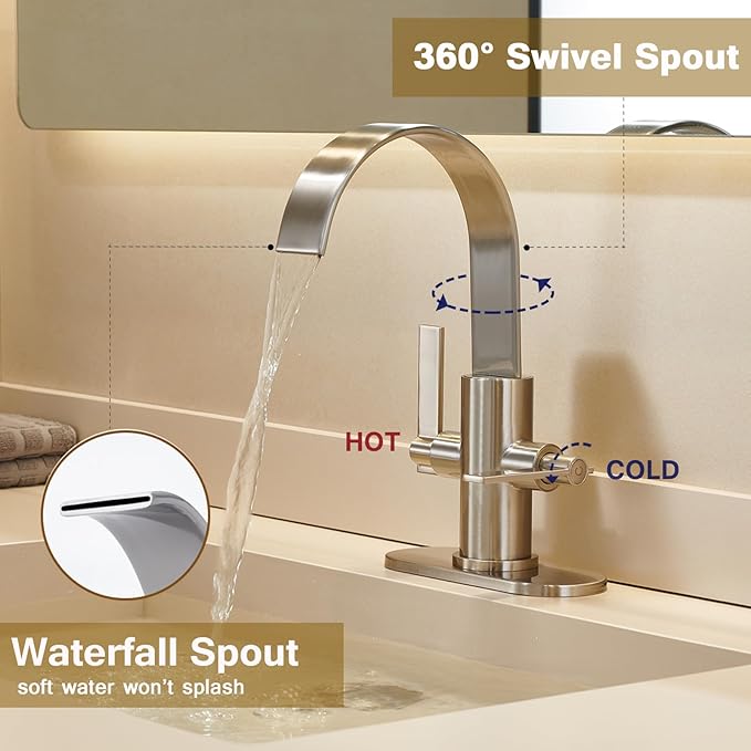 Brushed Nickel Bathroom Faucets，Bathroom Sink Faucet 3 Hole or 1 Hole,2 Handle Waterfall Faucet with Deck Plate，high-arc 360° Swivel spout for Vanity Sink with Metal Pop-Up Drain & Supply Lines