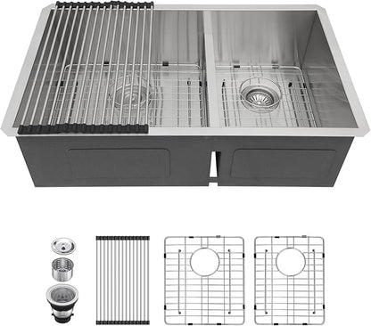 Lordear 32 Inch Undermount Double Bowl Kitchen Sink 16 Gauge Stainless Steel with Smart Low Divider 32x19 Inch Double Basin Kitchen Sinks 60/40 Handmade