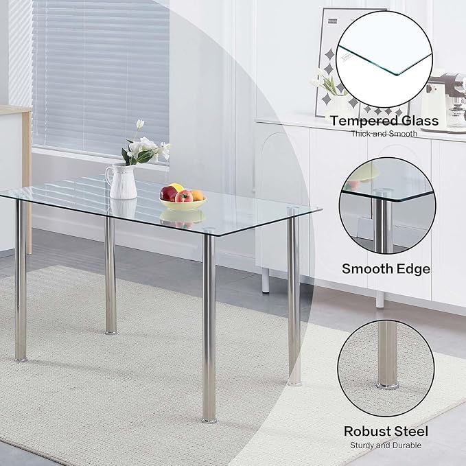 Glass Dining Table for 4, Modern 47" Clear Table with Chrome Silver Legs and Tempered Glass top for Kitchen, Small Space