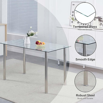 Glass Dining Table for 4, Modern 47" Clear Table with Chrome Silver Legs and Tempered Glass top for Kitchen, Small Space
