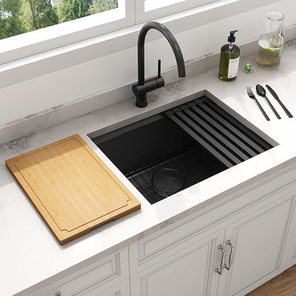 LQS 23 Inch Black Undermount Kitchen Sink, Black Kitchen Sink 23" x 18", 10" Deep Single Bowl Sinks, 16 Gauage Stainless Steel Material, Workstation Ledge With Abundant Accessories