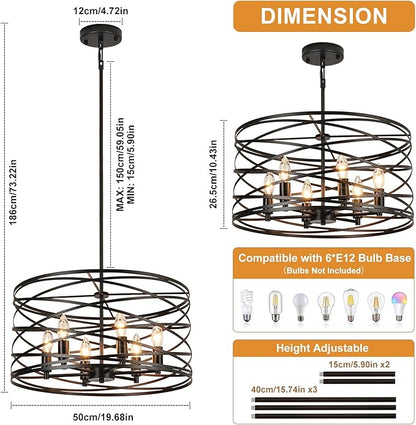 WILON 6-Light Pendant Lights Kitchen Island,19.68'' Spiral Cage Pendant Lights,Adjustable Black Industrial Pendant Light Fixtures Retro Lighting for Kitchen Island, Living Room, Bedroom