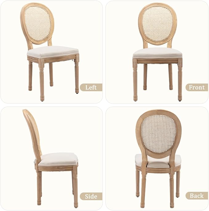 Linen Wooden Dining Chair Set of 2, Upholstered Farmhouse Dining Chair with Solid Wood Frame, Kitchen & Dining Room Chairs for Living Room, Restaurant, Bedroom (Beige-Rattan, Set of 2)