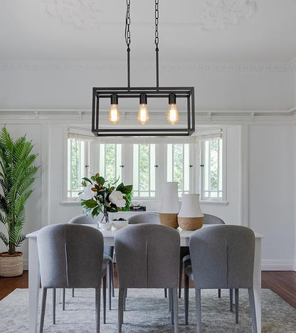 AMZASA 3-Light Black Linear Chandelier Modern Rectangle Farmhouse Dining Room Light Fixture for Kitchen Island Bar UL Listed