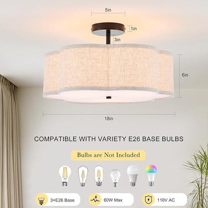 18" Semi Flush Mount Ceiling Light 3-Light Modern Linen Drum Ceiling Lighting with Chrome Finish, Vintage Ceiling Light for Living Room, Kitchen, Basement, Laundry Room, Bedroom