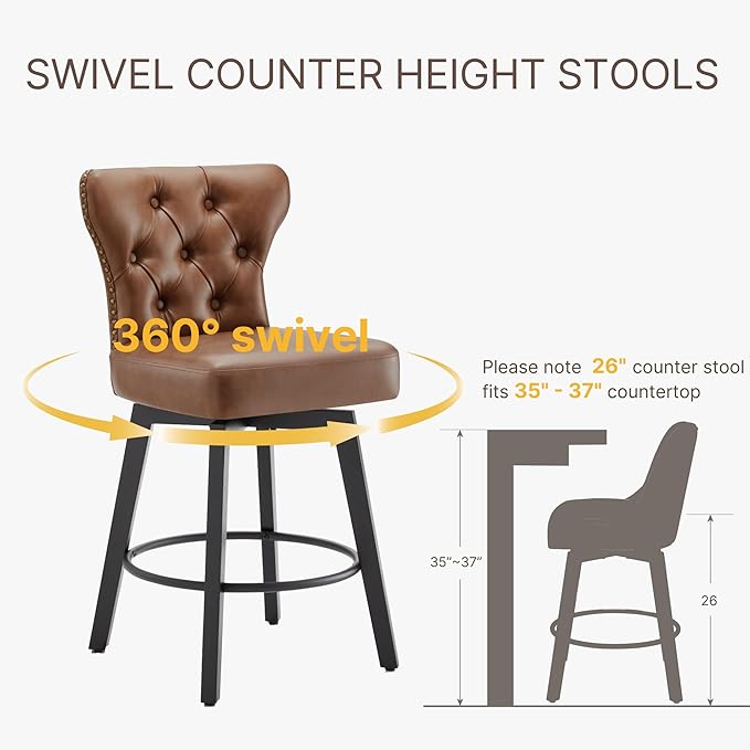 KISLOT Counter Height Barstools 26 inch Upholstered Button Tufted Swivel Bar Stools with Back for Kitchen Island,Set of 2,Brown PU Leather