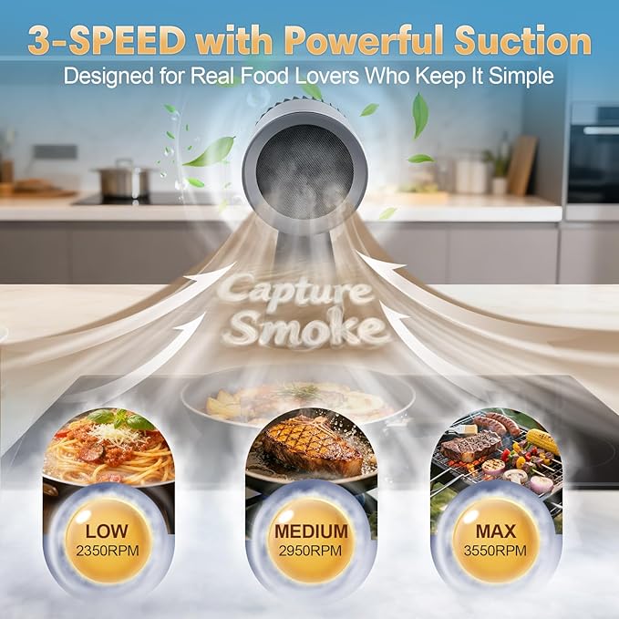 Portable Range Hood Kitchen, Ductless Exhaust Fan with 3-Speed, Large Oil Collection & Low Noise, Countertop Range Hood with Detachable Aluminum Filter for Apartments, Indoor BBQ and RV