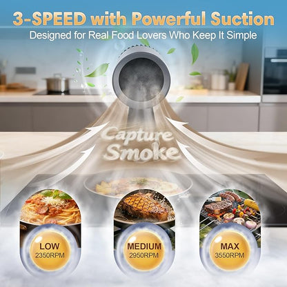 Portable Range Hood Kitchen, Ductless Exhaust Fan with 3-Speed, Large Oil Collection & Low Noise, Countertop Range Hood with Detachable Aluminum Filter for Apartments, Indoor BBQ and RV