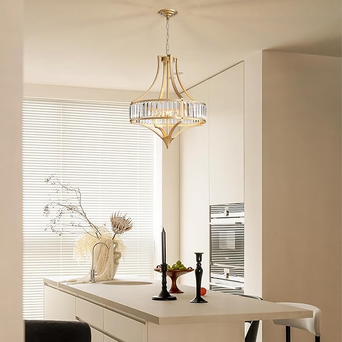 21.6" Gold Crystal Chandeliers Modern Vintage Chandelier with Round Metal Shade Art Deco 6-Light Large Dining Room Light Fixture for Kitchen, Dining Room, Hallway, Bedroom, Foyer