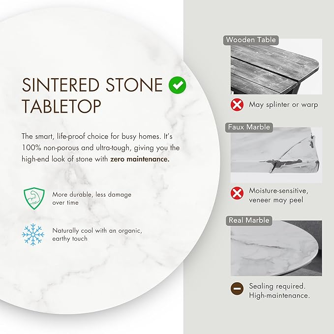 Furniture of America Sonya Modern Round Dining Table with Drum Base and Faux Marble Stone Top, Easy Assembly for Home, Kitchen and Living Room, Natural