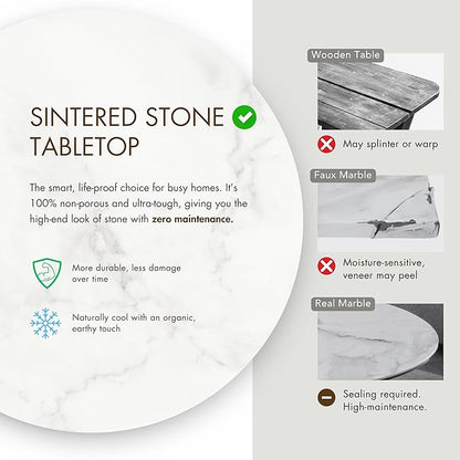 Furniture of America Sonya Modern Round Dining Table with Drum Base and Faux Marble Stone Top, Easy Assembly for Home, Kitchen and Living Room, Natural