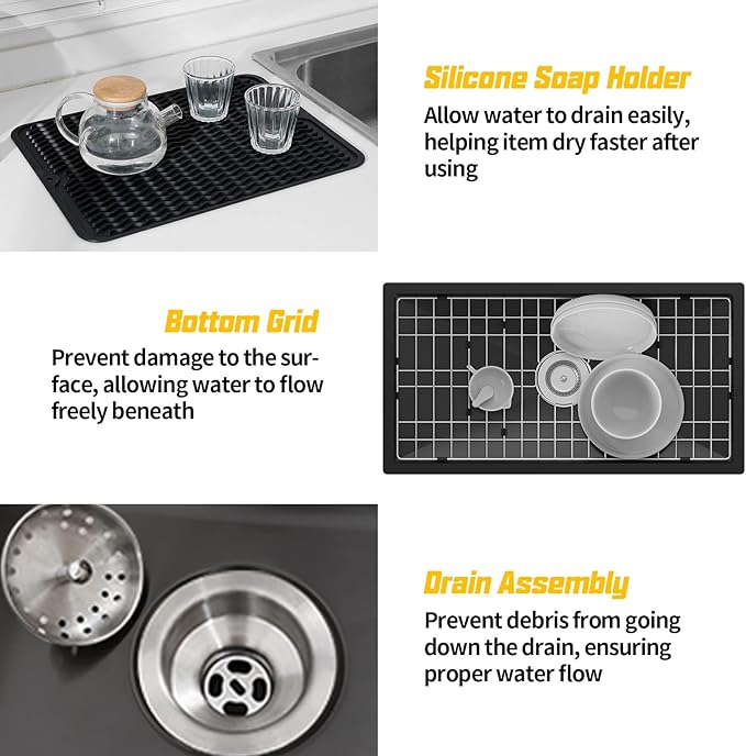 Black 32x17 Inch Undermount Kitchen Sink-Stainless Steel Single Bowl Drop In Kitchen Sink Stylish And Modern Look With Bottom Grid,Silicon Mat And Drain Assembly Add Elegance & Enhance Usability