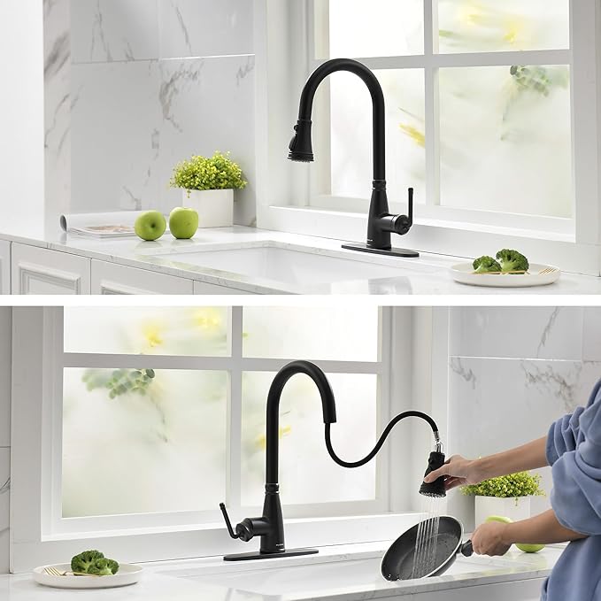 Kitchen Faucet with Pull Down Sprayer, 17 inch Matte Black Antique Single Handle Pull Out Kitchen Sink Faucet with Deck Plate for Classic Modern Ktichen