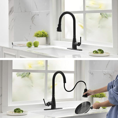 Kitchen Faucet with Pull Down Sprayer, 17 inch Matte Black Antique Single Handle Pull Out Kitchen Sink Faucet with Deck Plate for Classic Modern Ktichen
