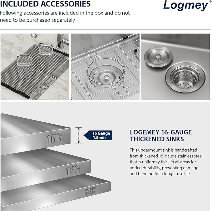 Logmey 15x20 Undermount Bar Sink,16-Gauge Heavy-Duty Stainless Steel Handmade Small Kitchen Sink,Scratch-resistant,Easy Clean,15x20x9 Single-Bowl Utility Sink for RVs and Prep Stations