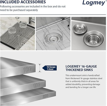 Logmey 15x20 Undermount Bar Sink,16-Gauge Heavy-Duty Stainless Steel Handmade Small Kitchen Sink,Scratch-resistant,Easy Clean,15x20x9 Single-Bowl Utility Sink for RVs and Prep Stations