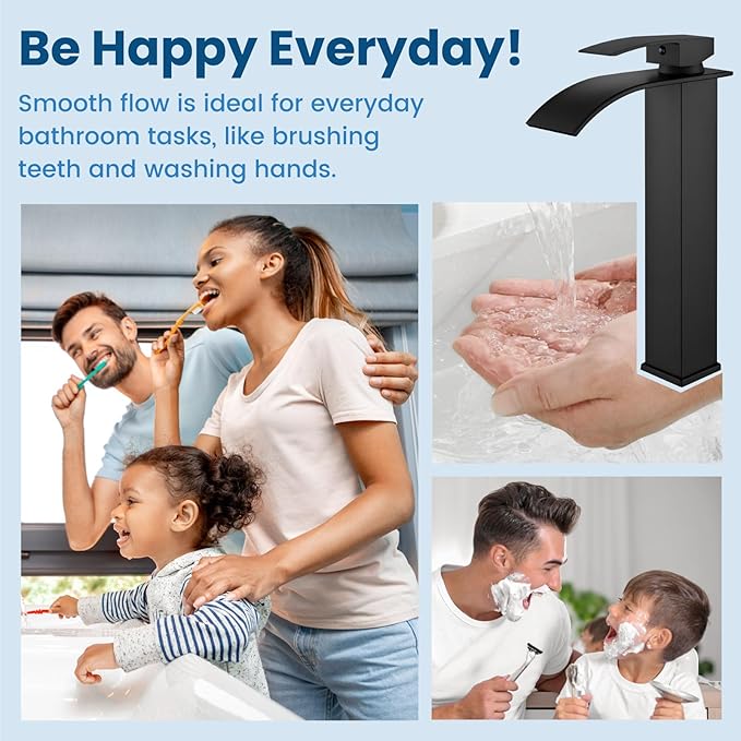 Airuida Vessel Sink Faucet Matte Black, Tall Waterfall Bathroom Faucet, Single Handle One Hole Mixer Bowl Tap with Large Rectangular Spout, Bar Sink Faucet Lavatory Vanity