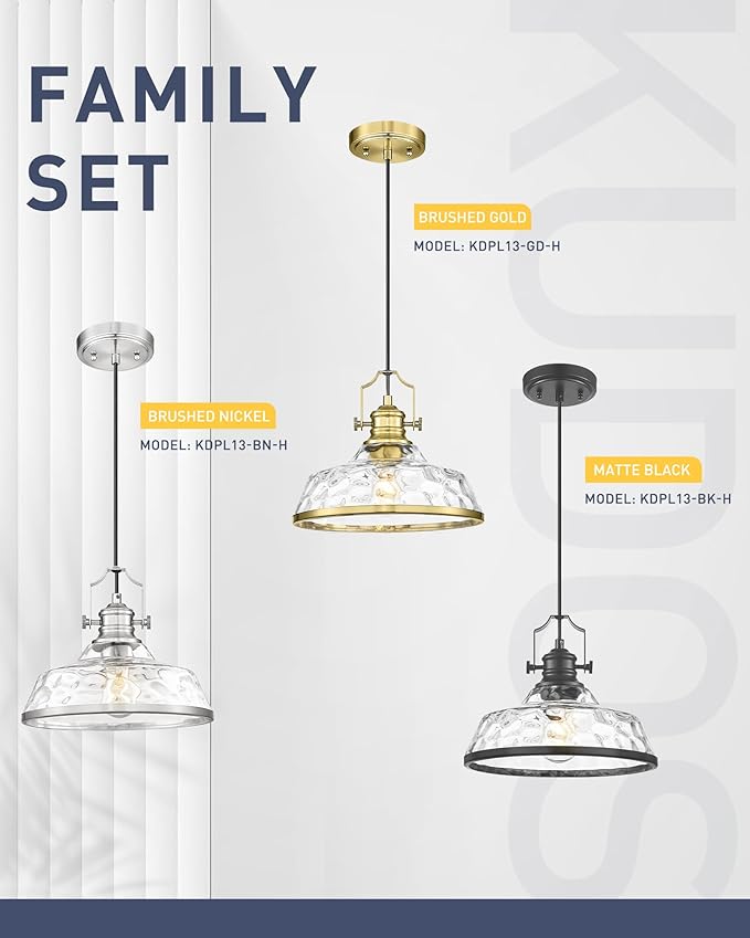 kudos 2 Pack Gold Pendant Lights Kitchen Island, 11" Brass Kitchen Island Lighting with Hammered Glass Shade, Farmhouse Hanging Light Fixture for Kitchen Sink Dining Room Hallways, KDPL13-GD-H-2PK