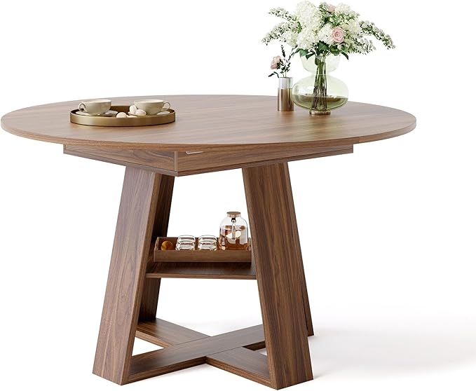 COSIEST 43.3in-59in Extendable Round Dining Table for 4-8 People, Modern Oval Kitchen Table with Storage Shelf & Removable Leaves, Space Saving Wood Dinner Table for Kitchen Living Room(Walnut)