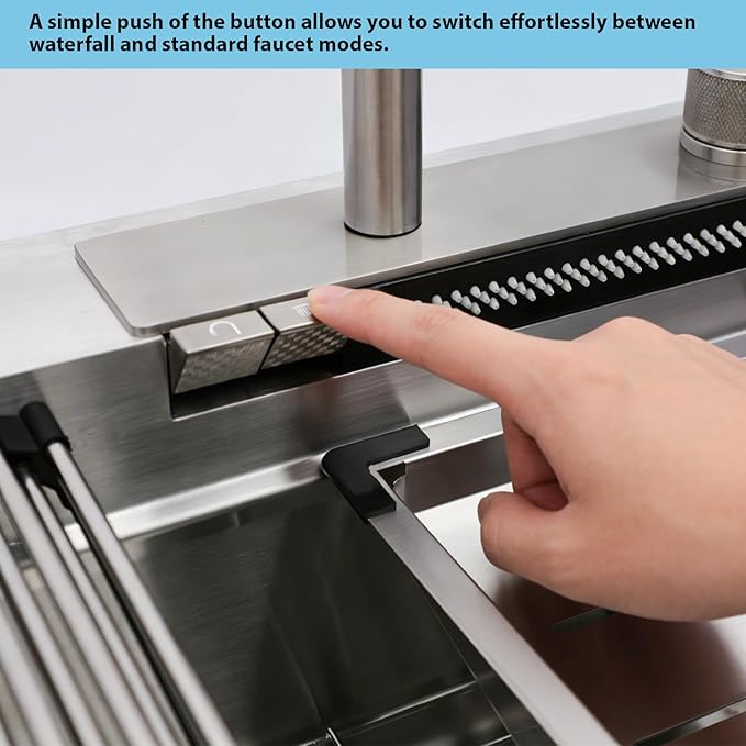 Kichae 33x19 Drop In Kitchen Sink Waterfall - Workstation Kitchen Sink Waterfall Stainless Steel 16 Gauge Luxury Handmade Single Bowl Sinks with Faucet Combo & Glass Rinser