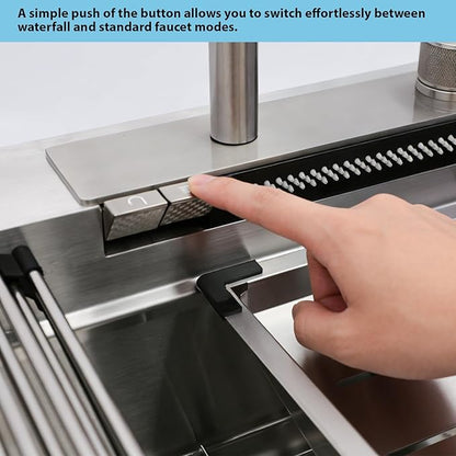 Kichae 33x19 Drop In Kitchen Sink Waterfall - Workstation Kitchen Sink Waterfall Stainless Steel 16 Gauge Luxury Handmade Single Bowl Sinks with Faucet Combo & Glass Rinser