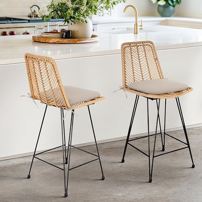 IDZO Set of 2 Rattan Counter Stools, 24" Height, 400lbs Capacity, Cushioned Seats, Steel Frame, for Indoor and Outdoor Use, Suitable for Patio, Bar, or Kitchen Island