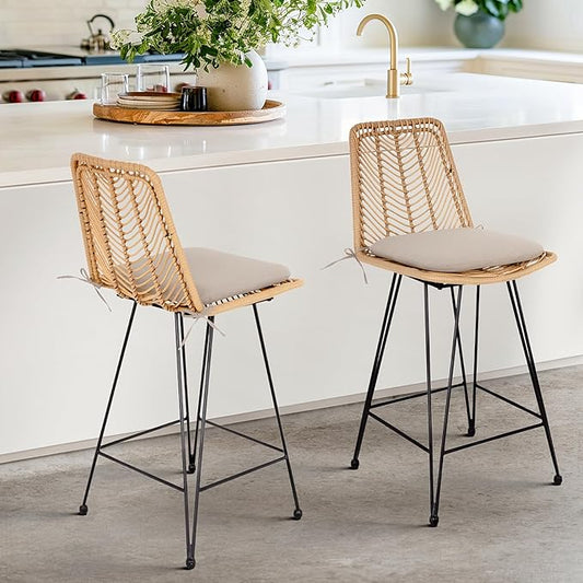 IDZO Set of 2 Rattan Counter Stools, 24" Height, 400lbs Capacity, Cushioned Seats, Steel Frame, for Indoor and Outdoor Use, Suitable for Patio, Bar, or Kitchen Island