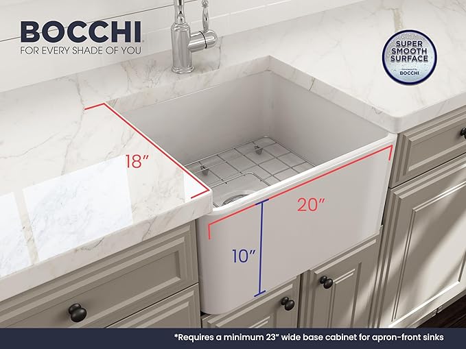 BOCCHI Classico Farmhouse Apron Front Fireclay 20 in. Single Bowl Kitchen Sink with Protective Bottom Grid and Strainer in White