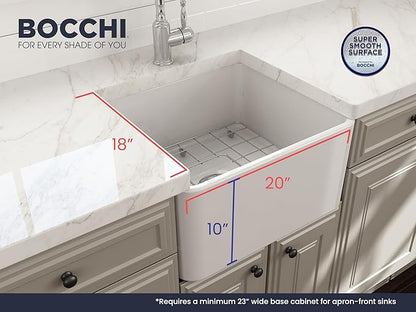 BOCCHI Classico Farmhouse Apron Front Fireclay 20 in. Single Bowl Kitchen Sink with Protective Bottom Grid and Strainer in White