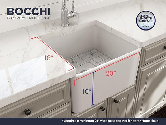 BOCCHI Classico Farmhouse Apron Front Fireclay 20 in. Single Bowl Kitchen Sink with Protective Bottom Grid and Strainer in White