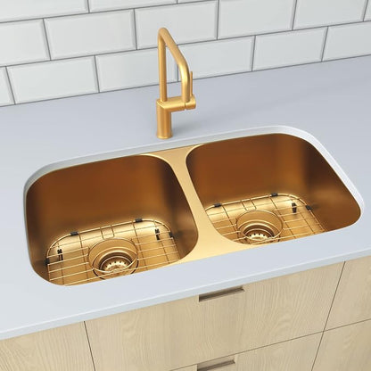 LQS Brushed Gold Kitchen Sink, 32 Inch Undermount Kitchen Sink Gold, Double Kitchen Sink Stainless Steel with Two Sink Strainers and Two Sink Grids